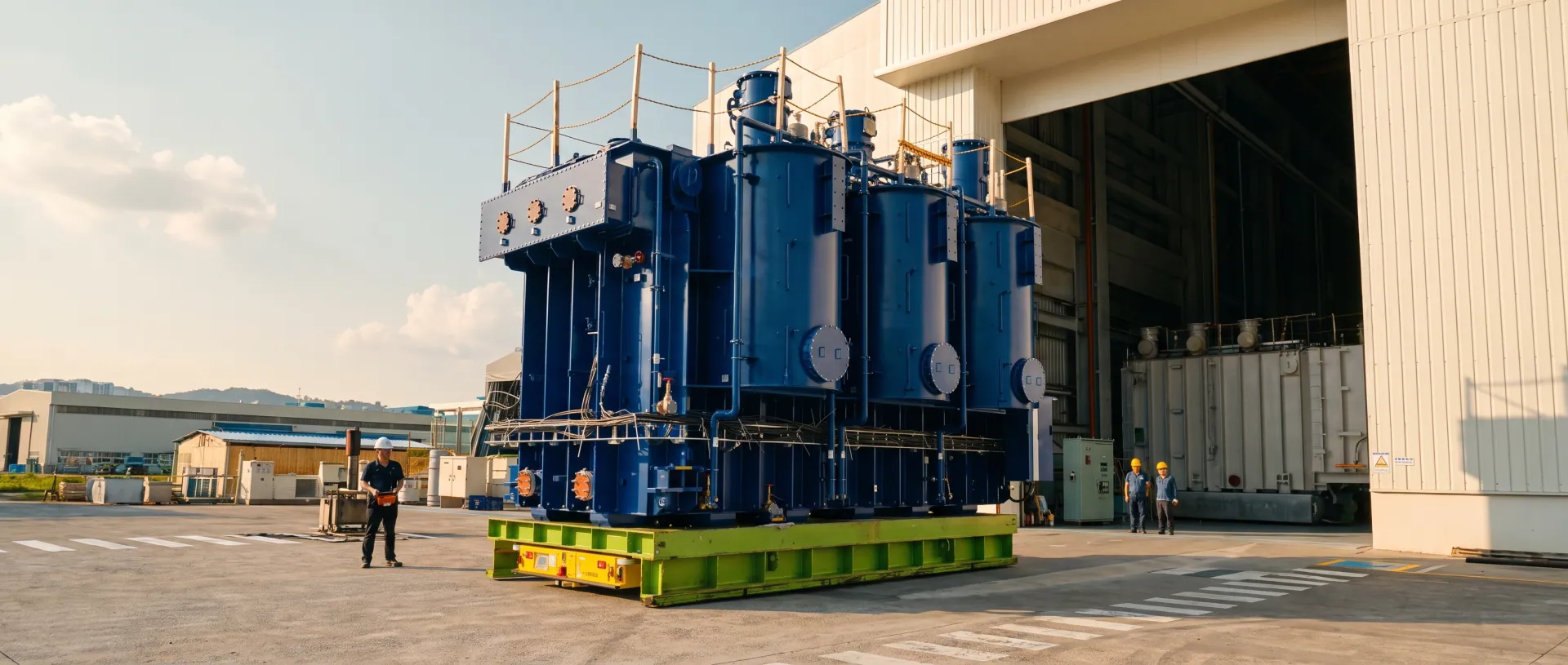 Large power transformer on a heavy-duty modular transporter in front of a factory hall