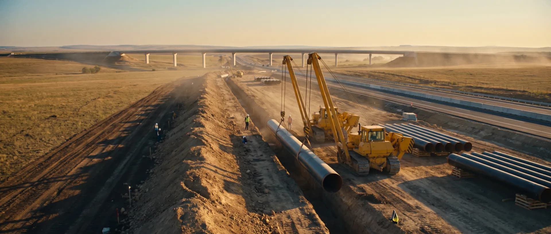 Pipeline being lowered into a trench beside a new highway, with a bridge viaduct behind